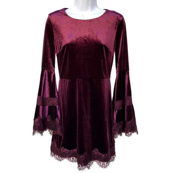 Aqua Dresses & Skirts - Aqua Burgundy Velvet Sheath Dress with Bell Sleeves and Lace Trim size S